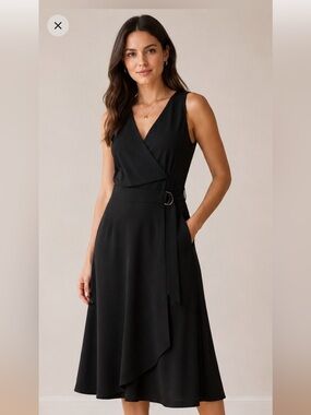 DKNY  Black Asymmetrical Faux Wrap Midi Dress Sz-2